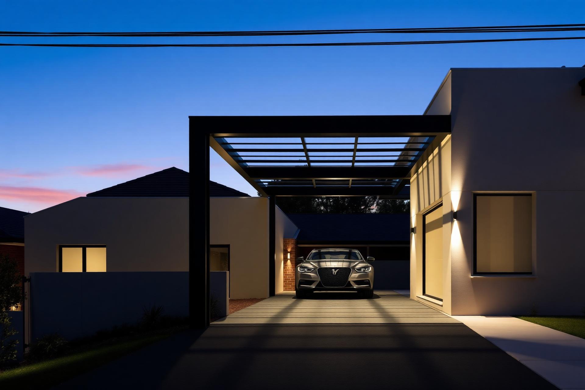 Modern steel carport at dusk